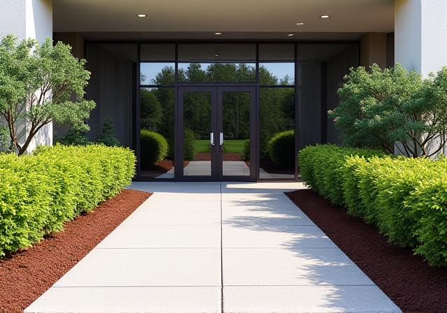 Well-maintained commercial entrance with fresh mulch and plants