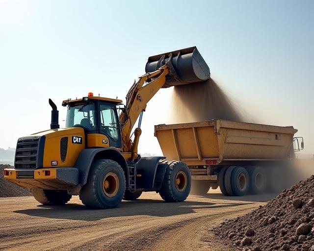 Front end loader filling a dump truck with soil
