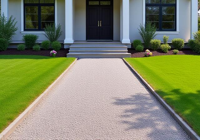 Newly installed decorative gravel driveway leading to a house
